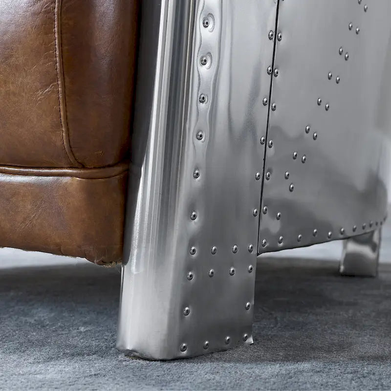 Fauteuil d’appoint industriel rétro en cuir pleine fleur et aluminium