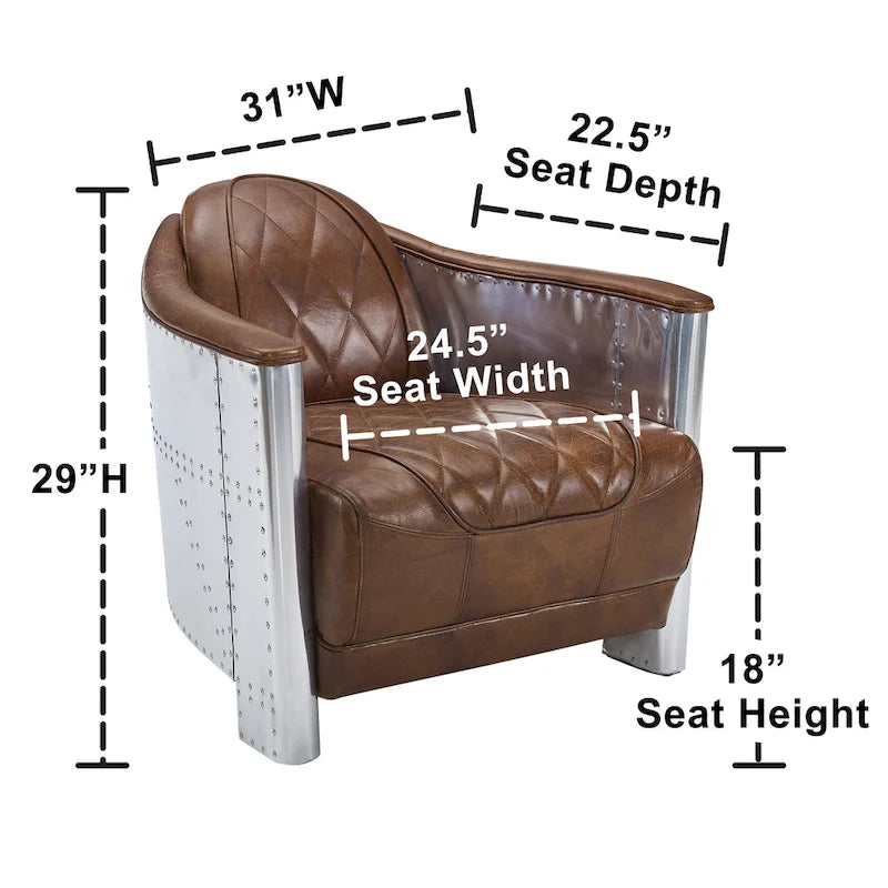 Fauteuil d’appoint industriel rétro en cuir pleine fleur et aluminium