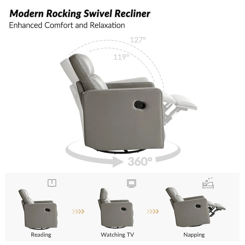 Sillón reclinable mecedora giratorio moderno de cuero genuino
