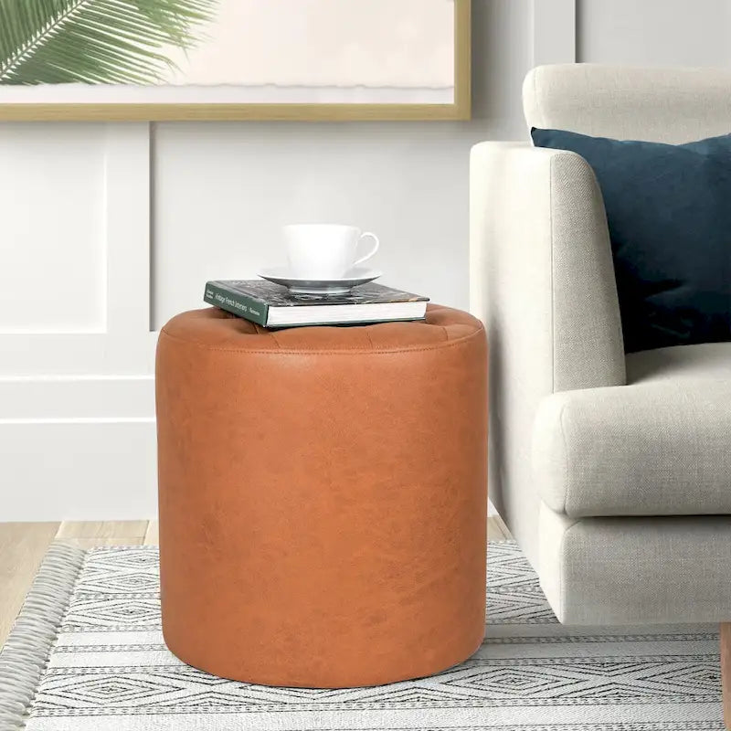 Pouf rond capitonné en similicuir, repose-pieds