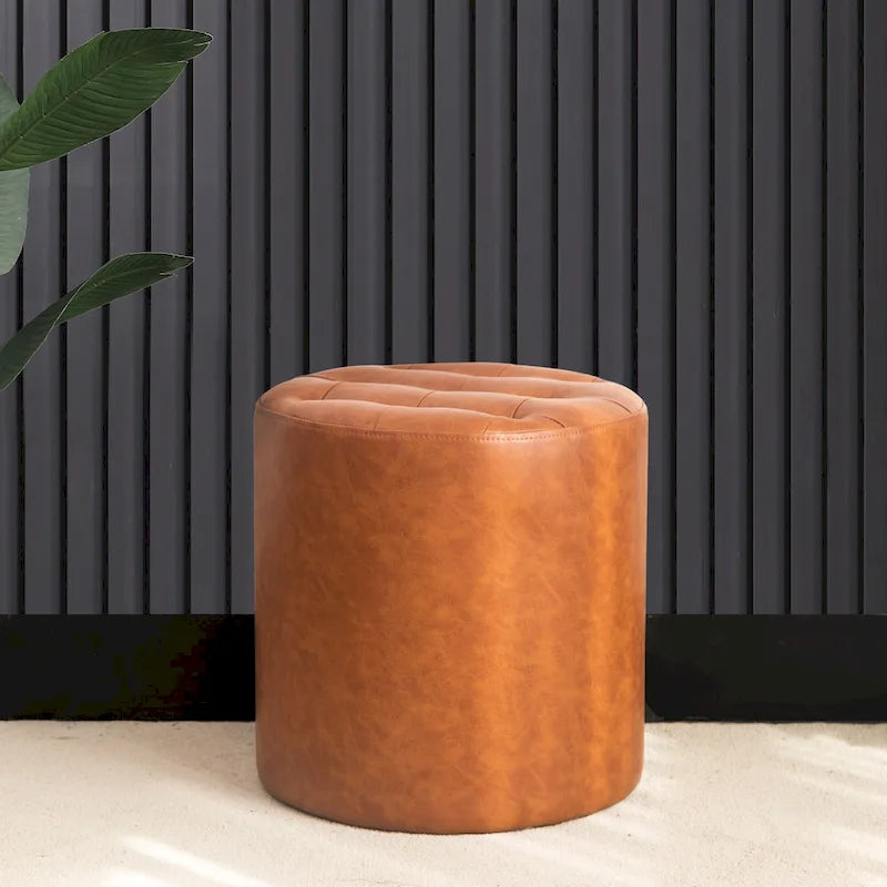 Pouf rond capitonné en similicuir, repose-pieds
