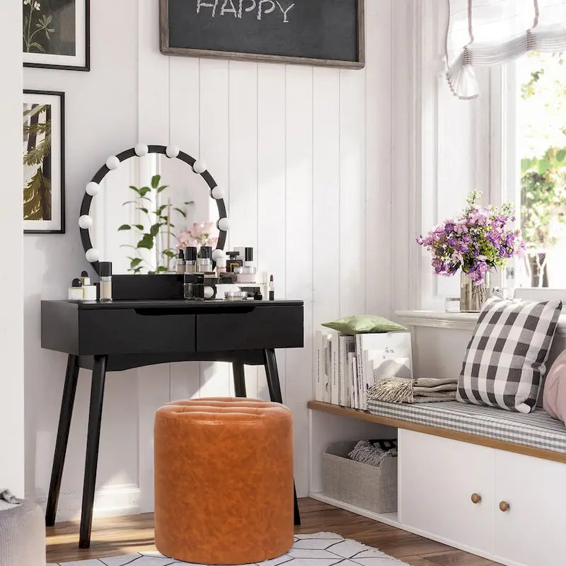 Pouf rond capitonné en similicuir, repose-pieds
