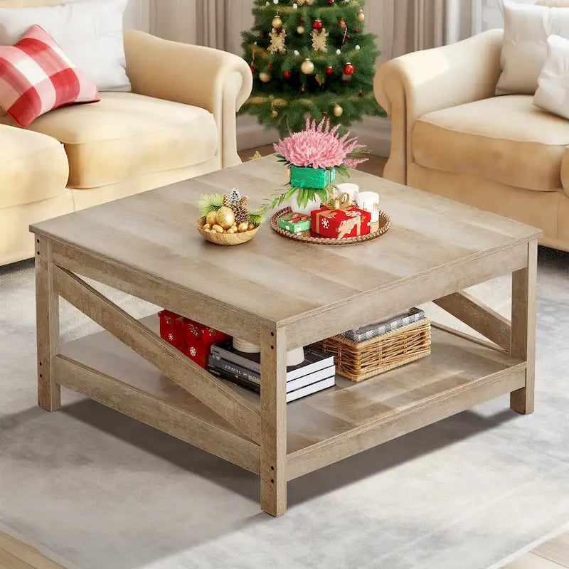 Table basse de style maison de campagne avec étagère, table centrale à 2 niveaux pour le salon