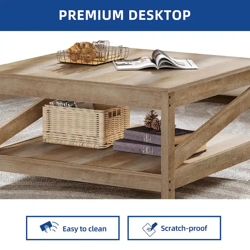 Table basse de style maison de campagne avec étagère, table centrale à 2 niveaux pour le salon