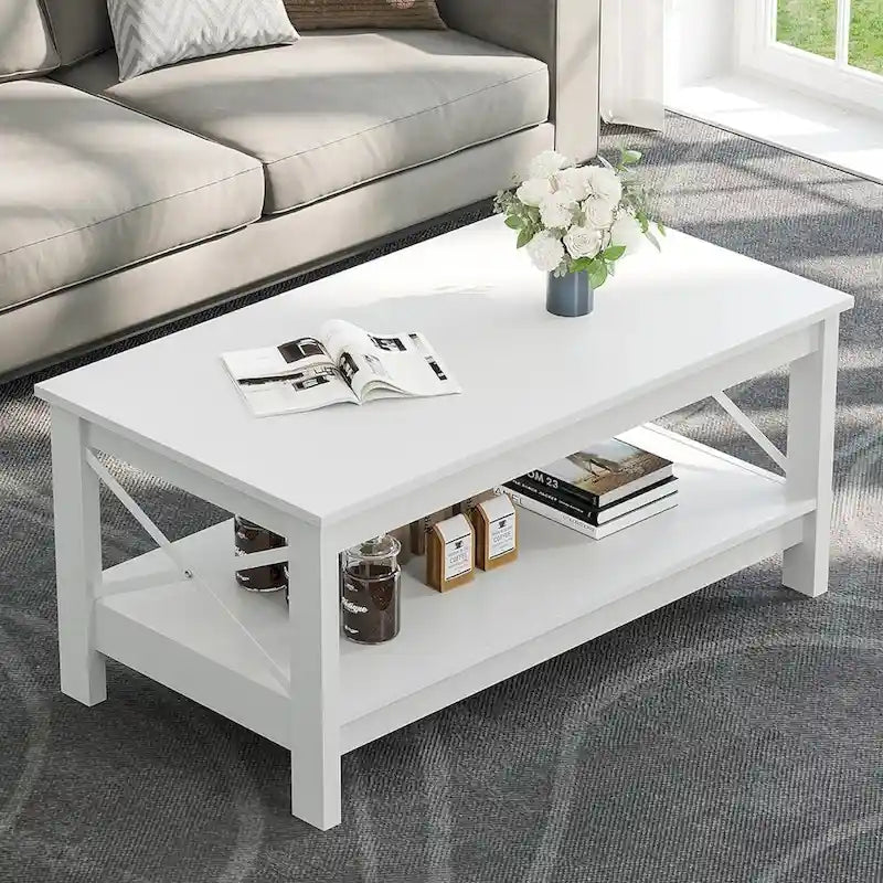 Table basse de style maison de campagne avec étagère, table centrale à 2 niveaux pour le salon