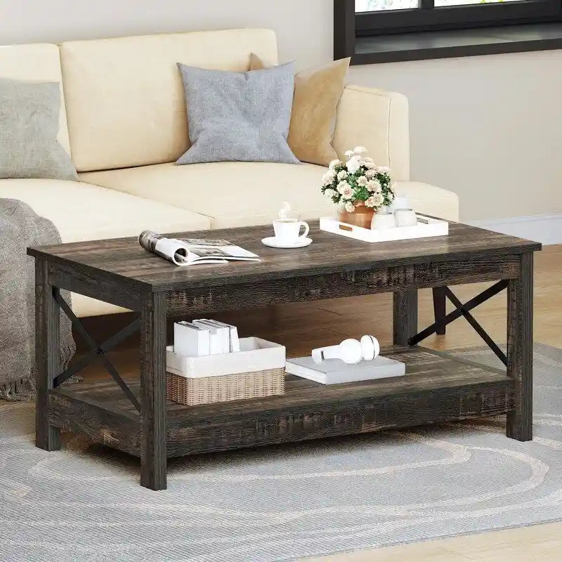 Table basse de style maison de campagne avec étagère, table centrale à 2 niveaux pour le salon