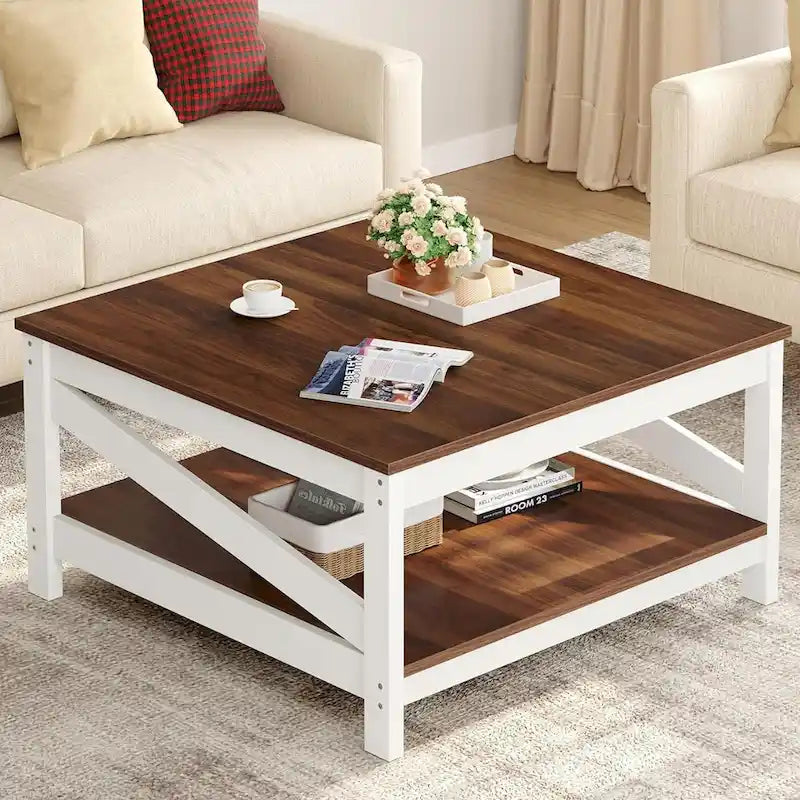 Table basse de style maison de campagne avec étagère, table centrale à 2 niveaux pour le salon