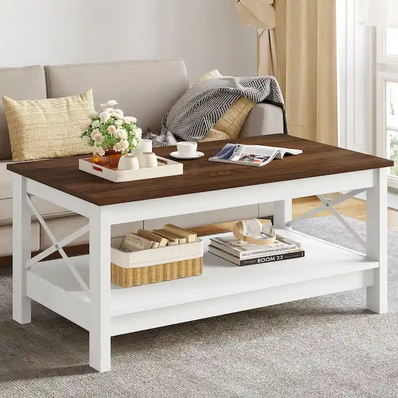 Table basse de style maison de campagne avec étagère, table centrale à 2 niveaux pour le salon