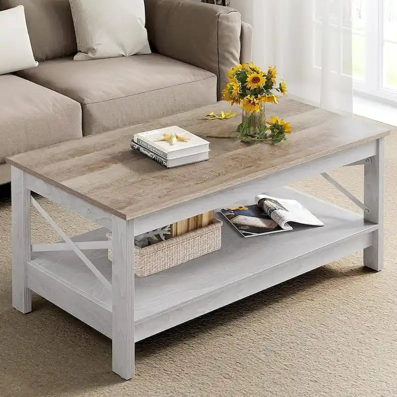 Table basse de style maison de campagne avec étagère, table centrale à 2 niveaux pour le salon