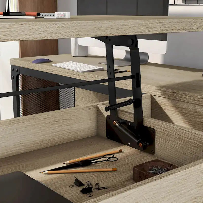 Escritorio de pie industrial de roble natural, en forma de L, de 65 pulgadas, con estructura metálica