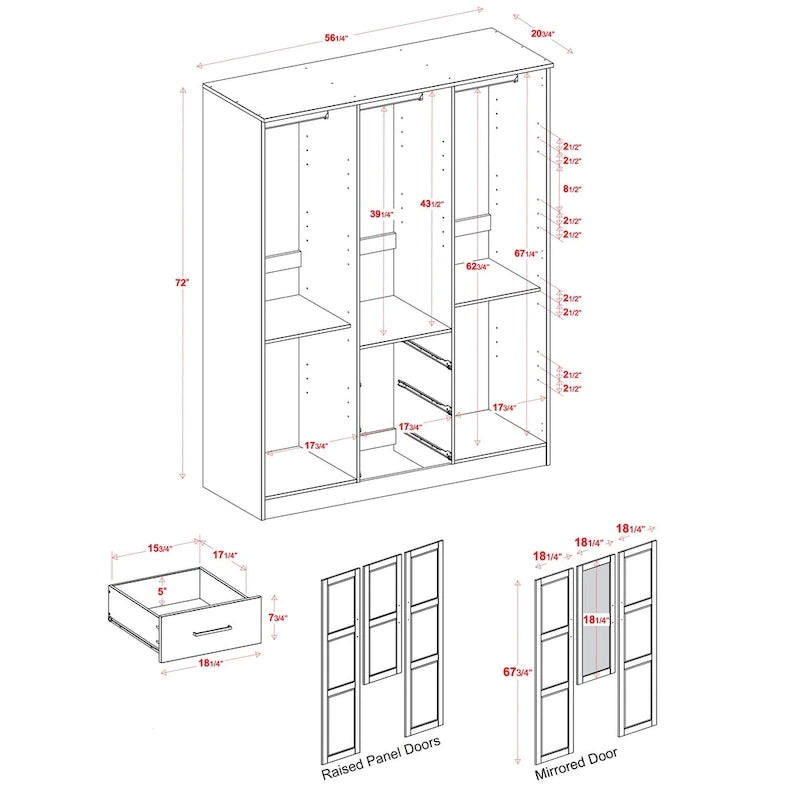 Armario ropero de 3 puertas 100 % de madera maciza, con puertas de madera maciza o espejadas