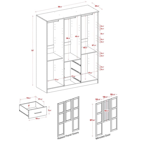 Kleiderschrank aus 100 % Massivholz mit 3 Türen und Türen aus Massivholz oder mit Spiegeln