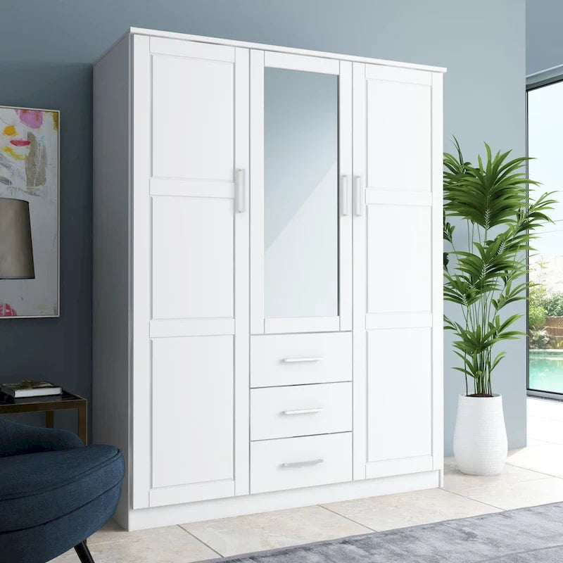 Armario ropero de 3 puertas 100 % de madera maciza, con puertas de madera maciza o espejadas