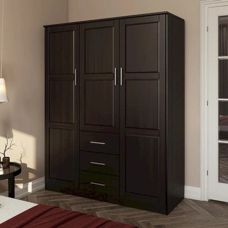 Armario ropero de 3 puertas 100 % de madera maciza, con puertas de madera maciza o espejadas
