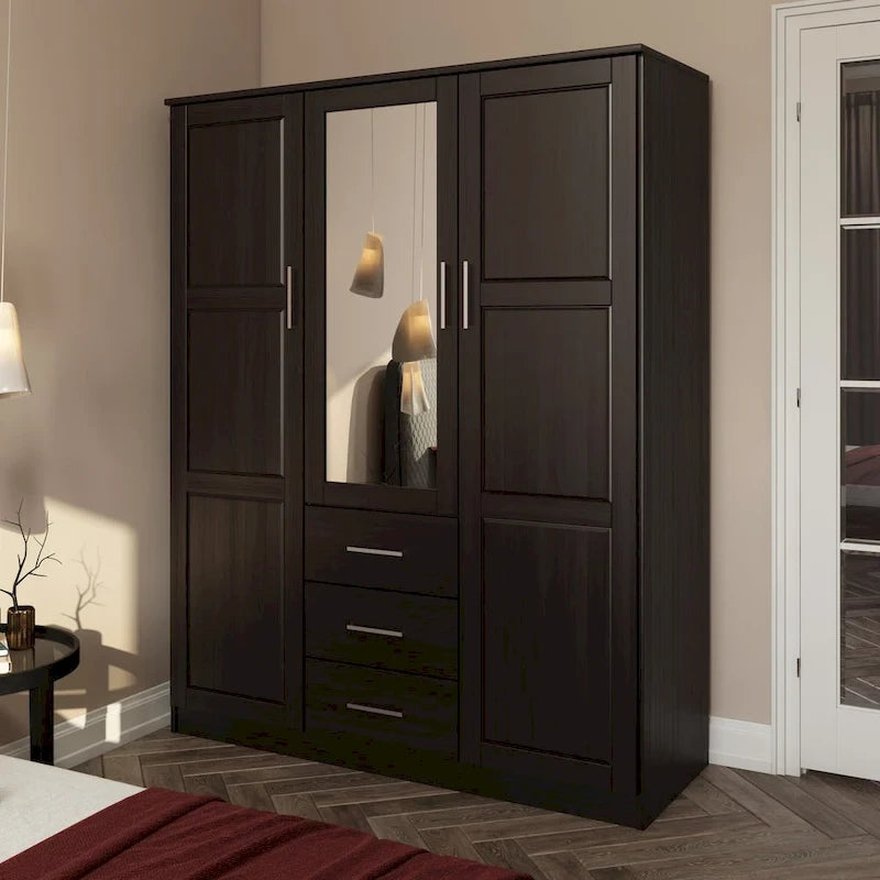 Armario ropero de 3 puertas 100 % de madera maciza, con puertas de madera maciza o espejadas