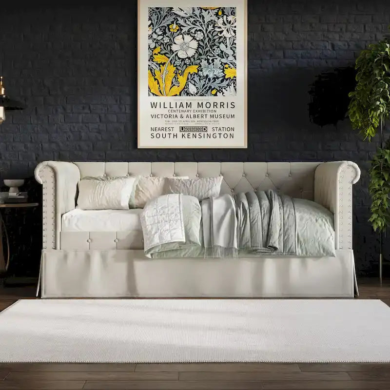 Diván cama tamaño twin de lino con cama nido