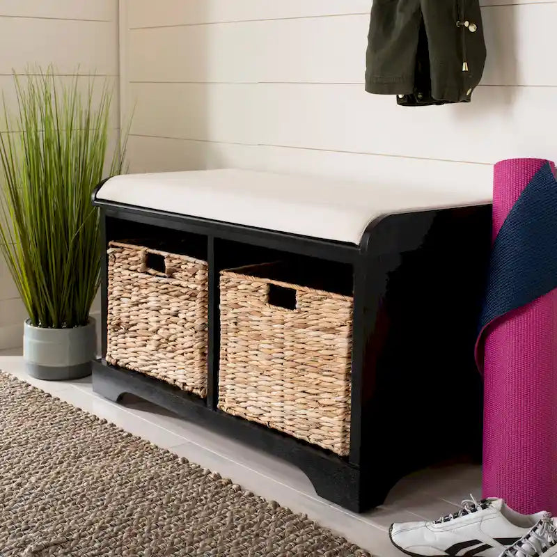 Braune Aufbewahrungsbank mit geflochtenem Korb - 33.5 x 16.1 x 19.9 - 34 B x 16 T x 20 H