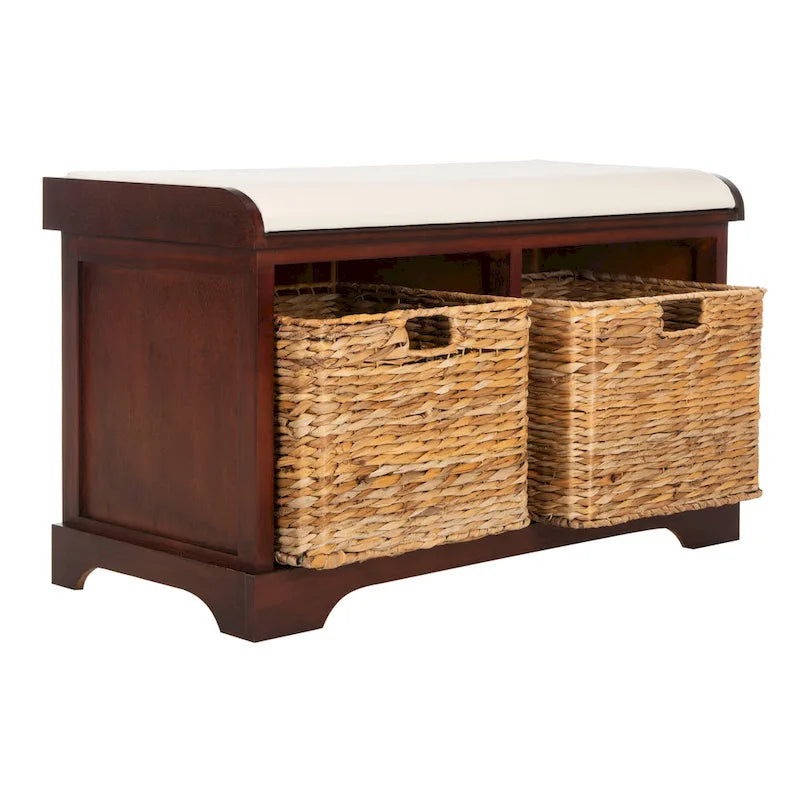 Braune Aufbewahrungsbank mit geflochtenem Korb - 33.5 x 16.1 x 19.9 - 34 B x 16 T x 20 H