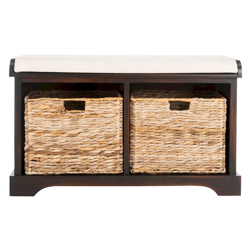 Braune Aufbewahrungsbank mit geflochtenem Korb - 33.5 x 16.1 x 19.9 - 34 B x 16 T x 20 H