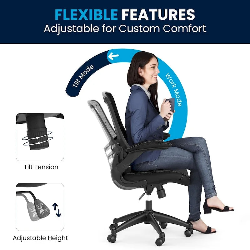 Ergonomischer Bürodrehstuhl mit mittelhoher Netzrückenlehne und hochklappbaren Armlehnen