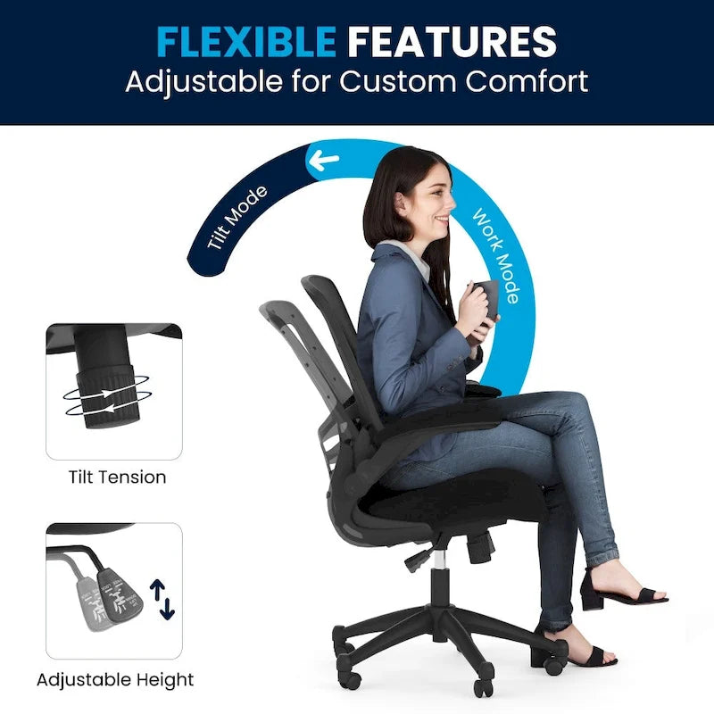 Ergonomischer Bürodrehstuhl mit mittelhoher Netzrückenlehne und hochklappbaren Armlehnen