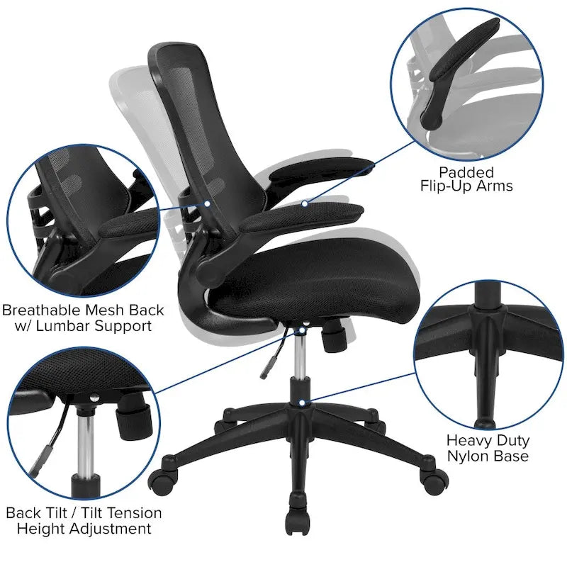 Ergonomischer Bürodrehstuhl mit mittelhoher Netzrückenlehne und hochklappbaren Armlehnen