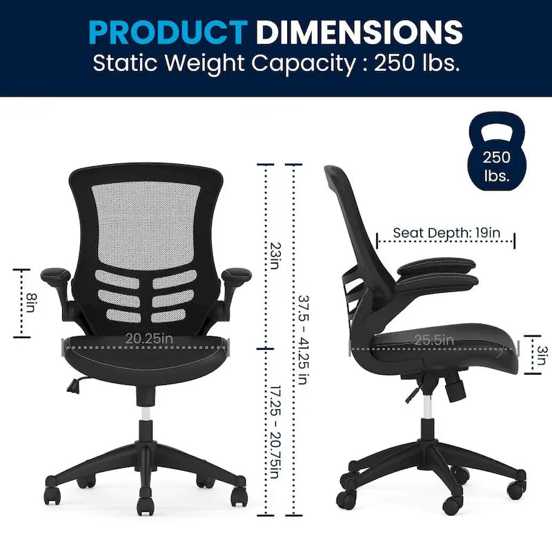 Ergonomischer Bürodrehstuhl mit mittelhoher Netzrückenlehne und hochklappbaren Armlehnen