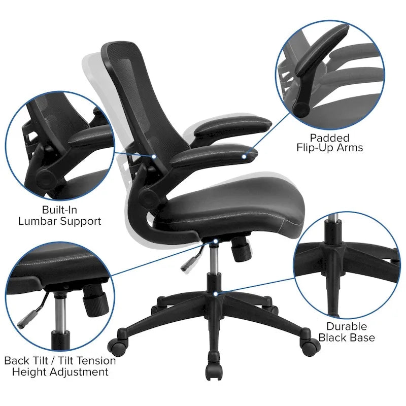 Ergonomischer Bürodrehstuhl mit mittelhoher Netzrückenlehne und hochklappbaren Armlehnen