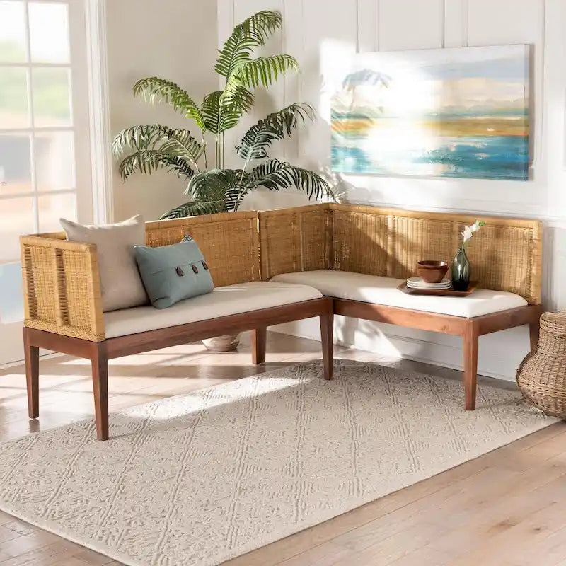 Tabanan Modern Bohemian Nautral Brown Rattan and Brown Acacia Wood 2-Piece Dining Nook Banquette Set