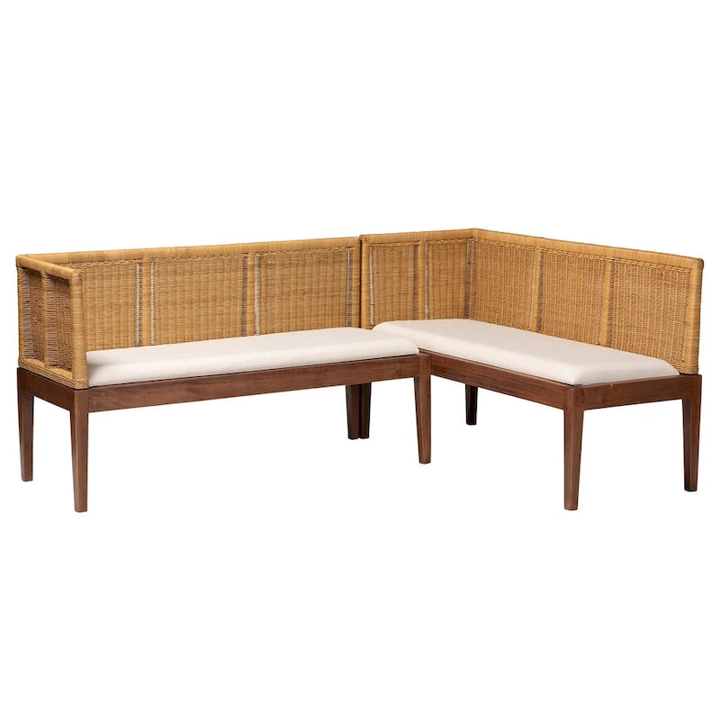 Juego de comedor de rincón tipo banqueta moderno de estilo bohemio, de ratán marrón natural y madera de acacia marrón, de 2 piezas