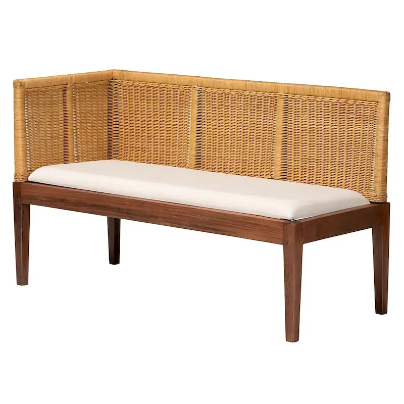 Juego de comedor de rincón tipo banqueta moderno de estilo bohemio, de ratán marrón natural y madera de acacia marrón, de 2 piezas