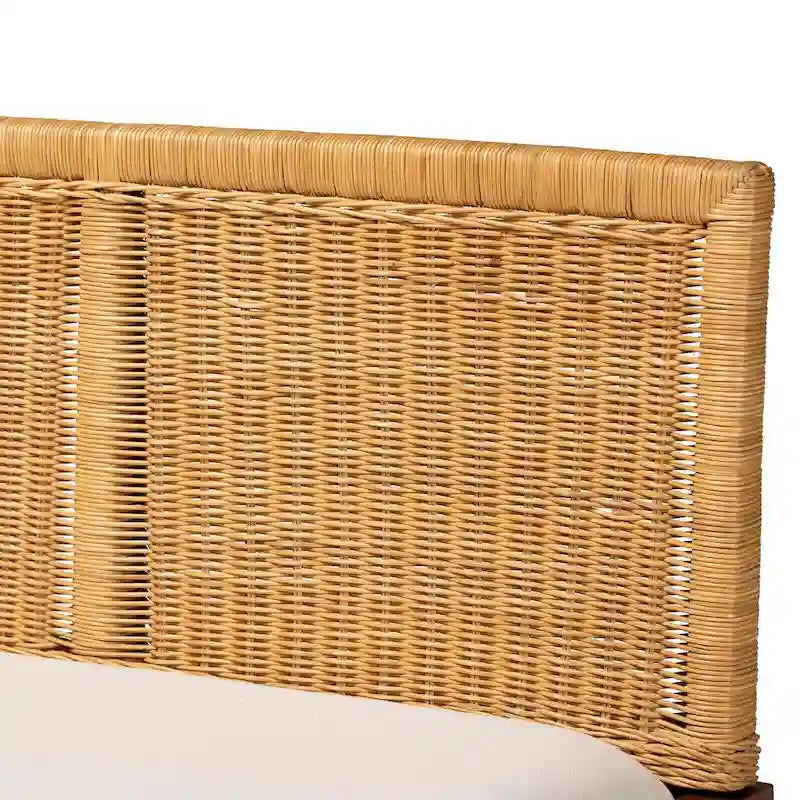 Juego de comedor de rincón tipo banqueta moderno de estilo bohemio, de ratán marrón natural y madera de acacia marrón, de 2 piezas