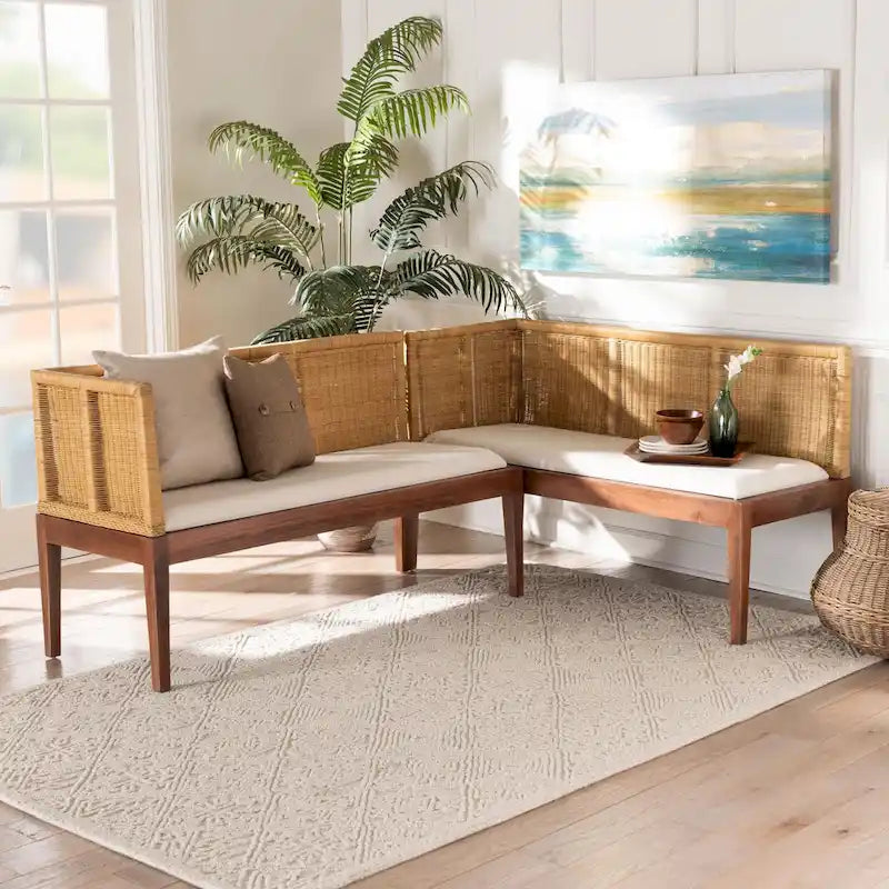 Juego de comedor de rincón tipo banqueta moderno de estilo bohemio, de ratán marrón natural y madera de acacia marrón, de 2 piezas