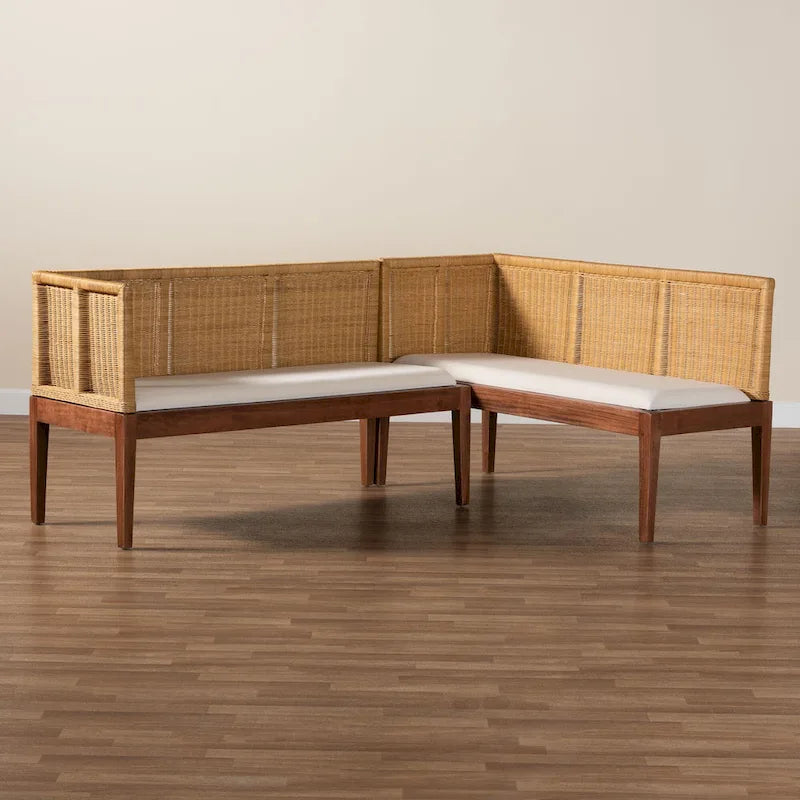 Juego de comedor de rincón tipo banqueta moderno de estilo bohemio, de ratán marrón natural y madera de acacia marrón, de 2 piezas