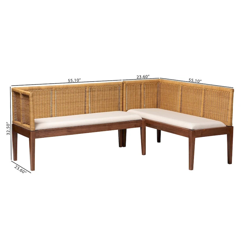 Juego de comedor de rincón tipo banqueta moderno de estilo bohemio, de ratán marrón natural y madera de acacia marrón, de 2 piezas