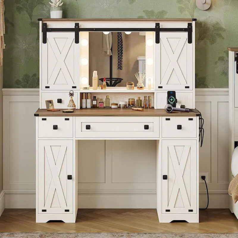 Coiffeuse avec grands miroirs Hollywood et ampoules
