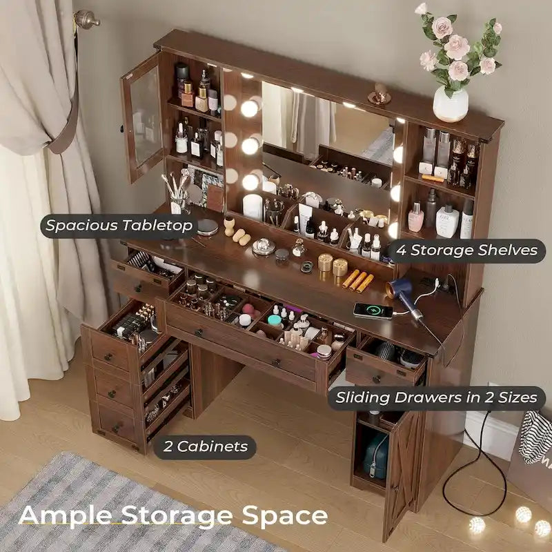 Coiffeuse avec grands miroirs Hollywood et ampoules