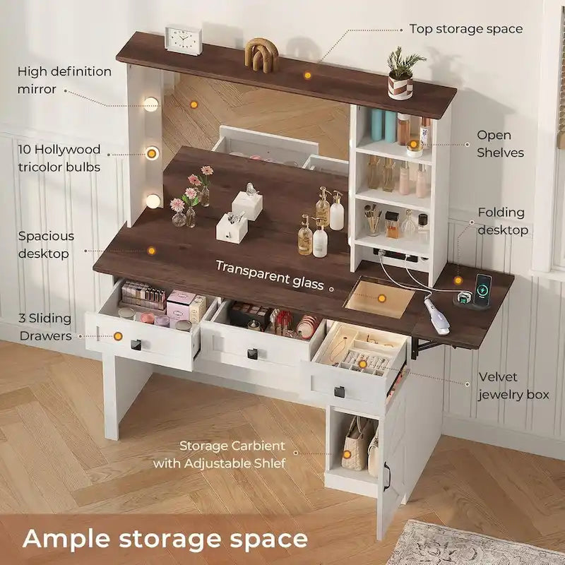 Coiffeuse avec grands miroirs Hollywood et ampoules