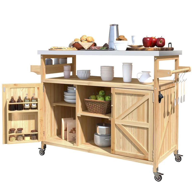 Îlot de cuisine d’extérieur avec chariot à roulettes et plateau en acier inoxydable