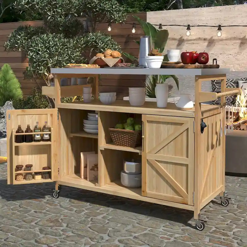 Îlot de cuisine d’extérieur avec chariot à roulettes et plateau en acier inoxydable
