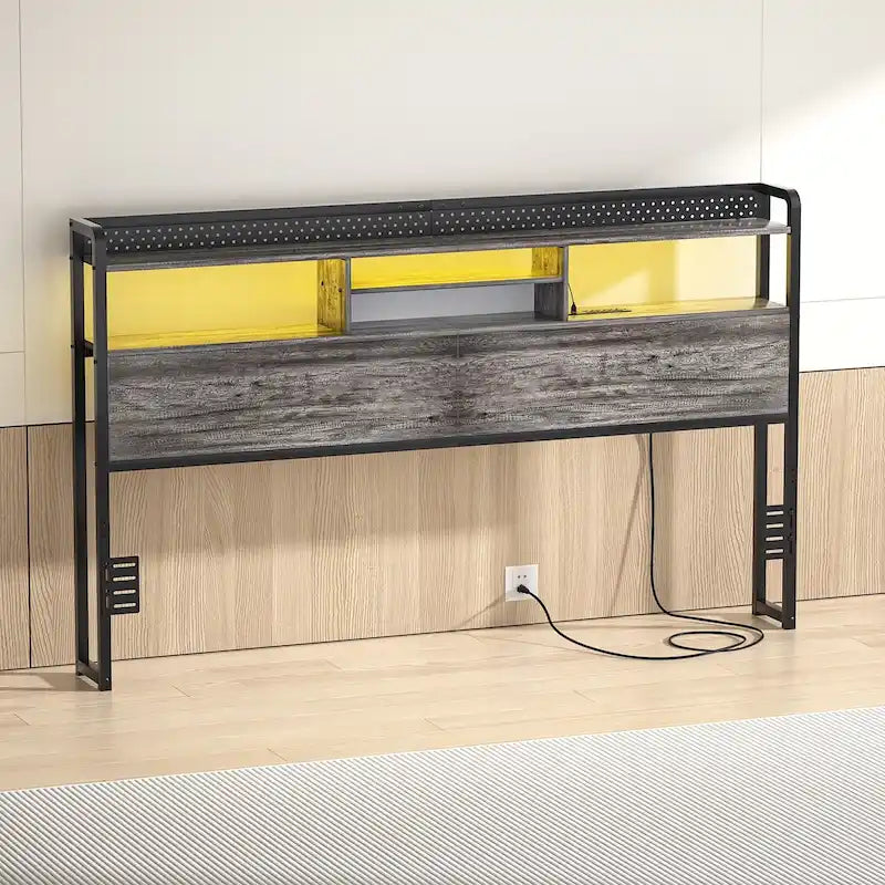 Cabecero de cama con estante de almacenamiento y estación de carga, altura ajustable y luz LED
