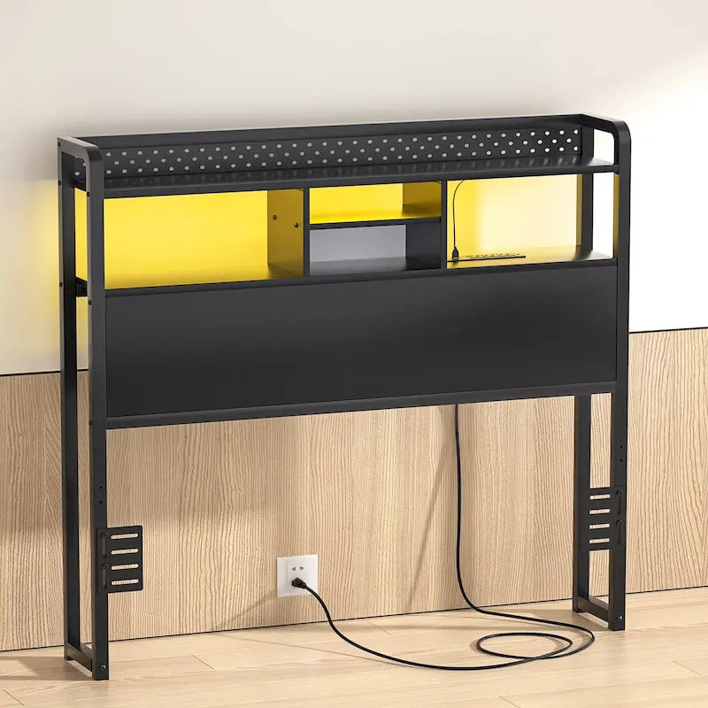 Cabecero de cama con estante de almacenamiento y estación de carga, altura ajustable y luz LED