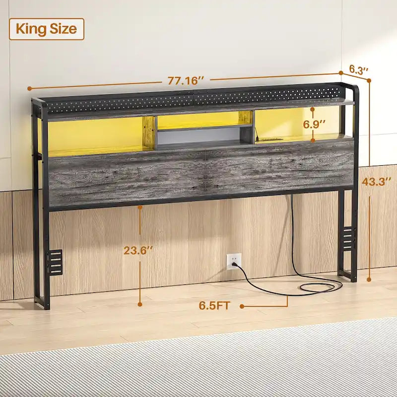 Tête de lit avec étagère de rangement et station de recharge, hauteur réglable et éclairage LED