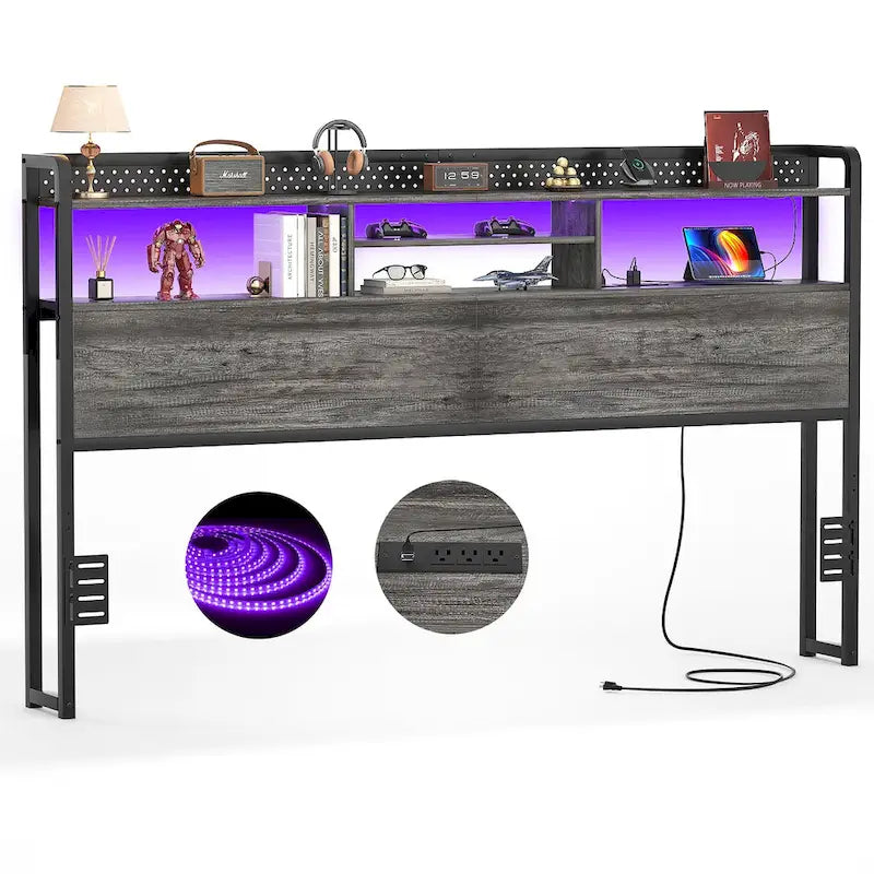 Tête de lit avec étagère de rangement et station de recharge, hauteur réglable et éclairage LED