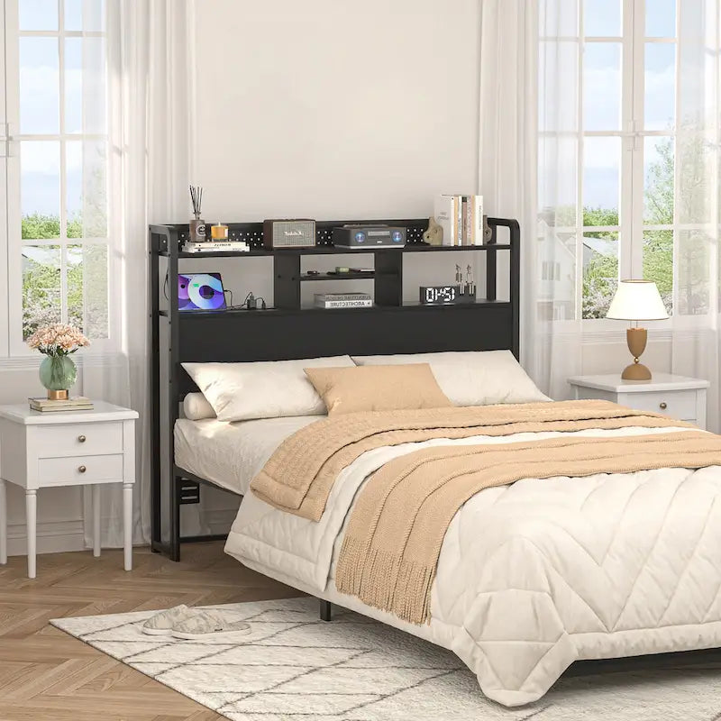 Tête de lit avec étagère de rangement et station de recharge, hauteur réglable et éclairage LED