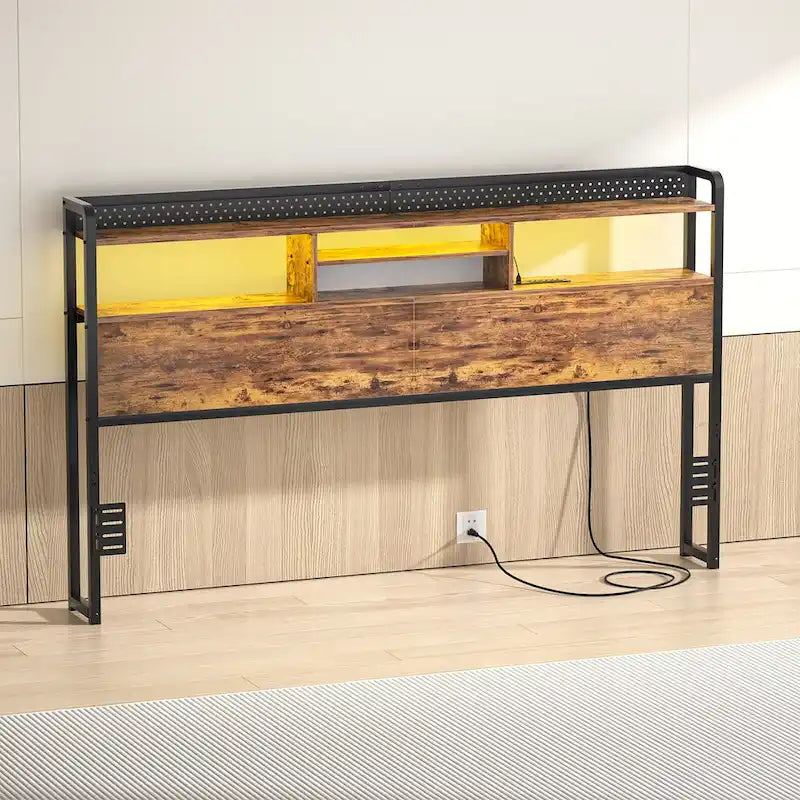 Tête de lit avec étagère de rangement et station de recharge, hauteur réglable et éclairage LED