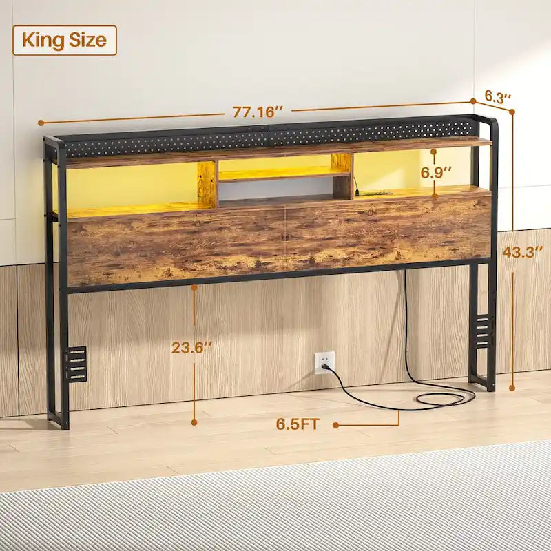 Tête de lit avec étagère de rangement et station de recharge, hauteur réglable et éclairage LED