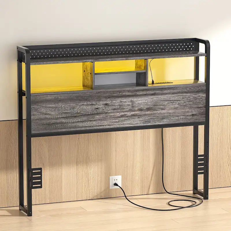 Tête de lit avec étagère de rangement et station de recharge, hauteur réglable et éclairage LED