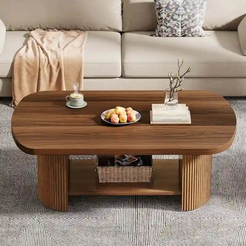 Table basse rustique en bois, table à thé avec étagères de rangement
