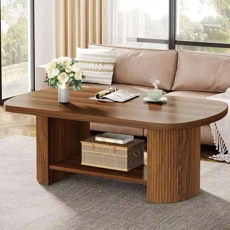 Mesa de centro rústica de madera con estantes de almacenamiento